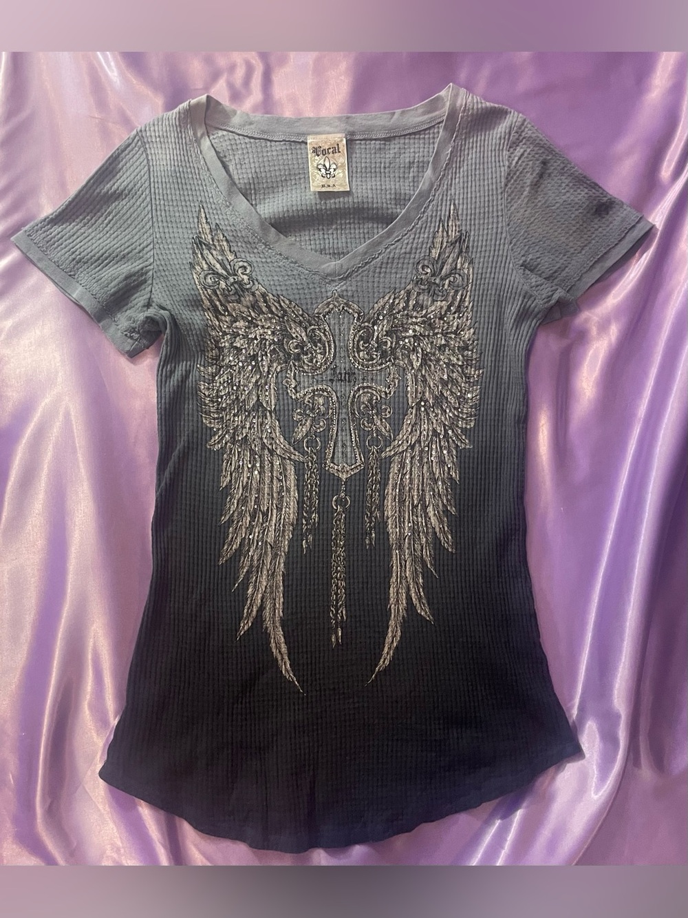 Vocal Gray to Black Ombre Wing & Cross V‑Neck Tee